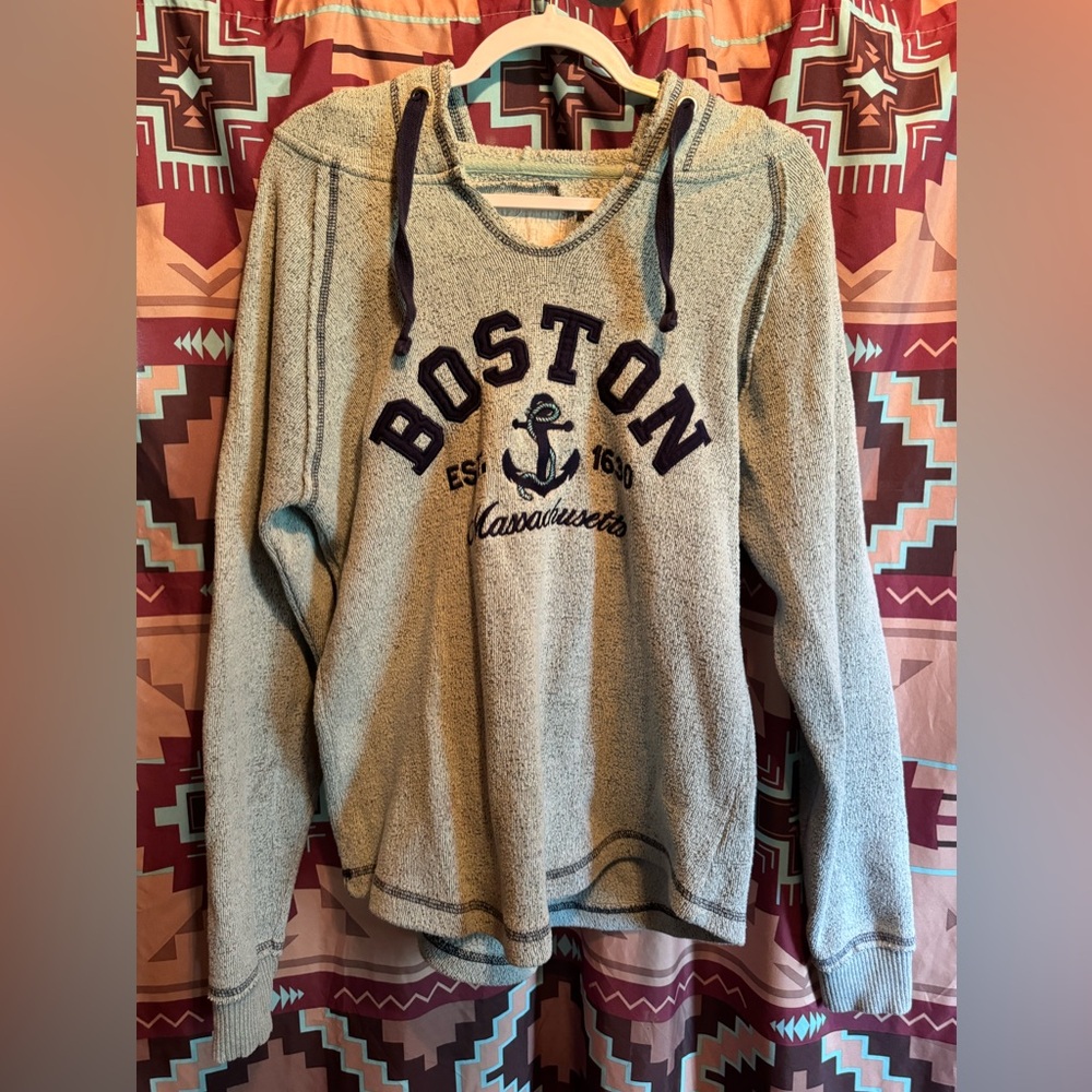 Terry cloth “Bay State Gear” hoodie. Blue/green. Unisex size large.